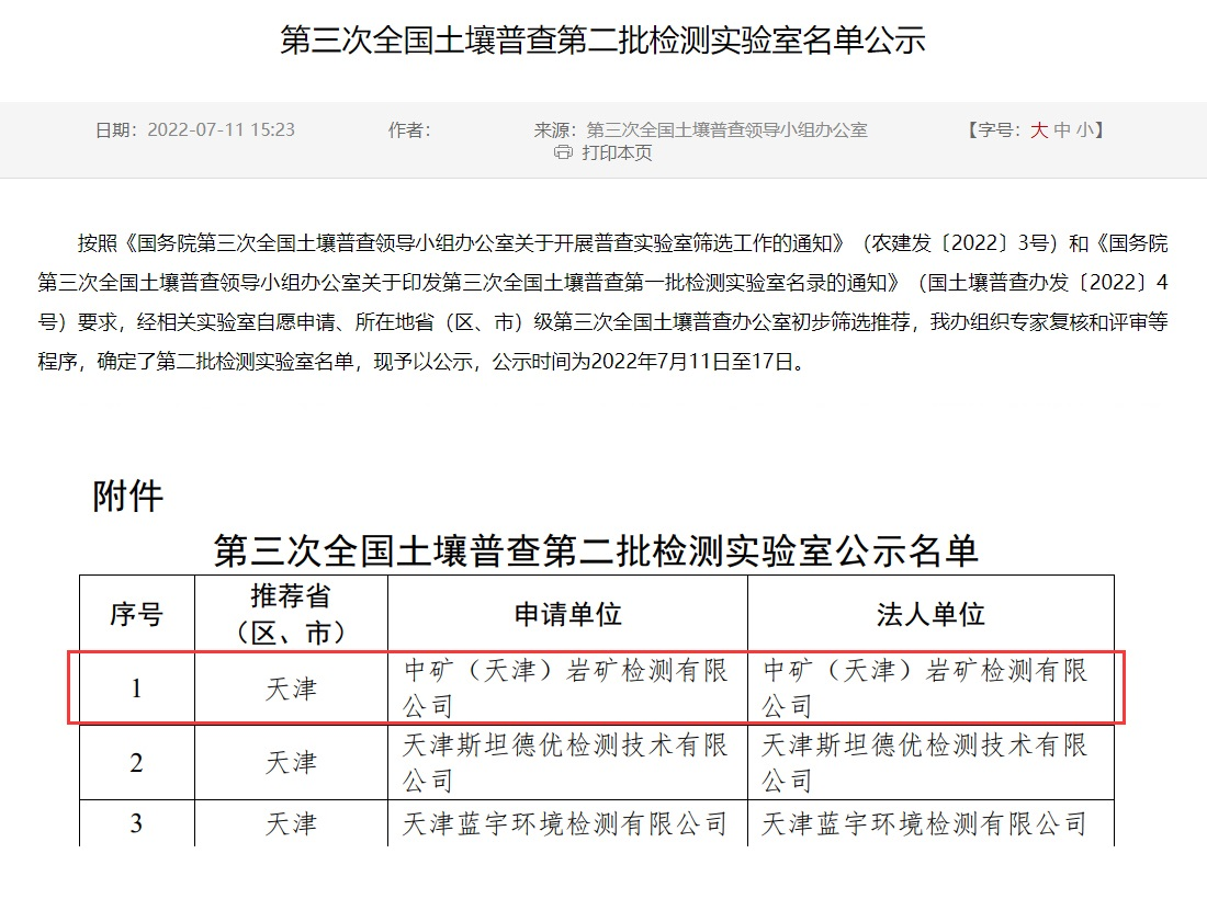 米兰(MILAN)（天津）岩矿检测有限公司入选第三次全国土壤普查实验室名录
